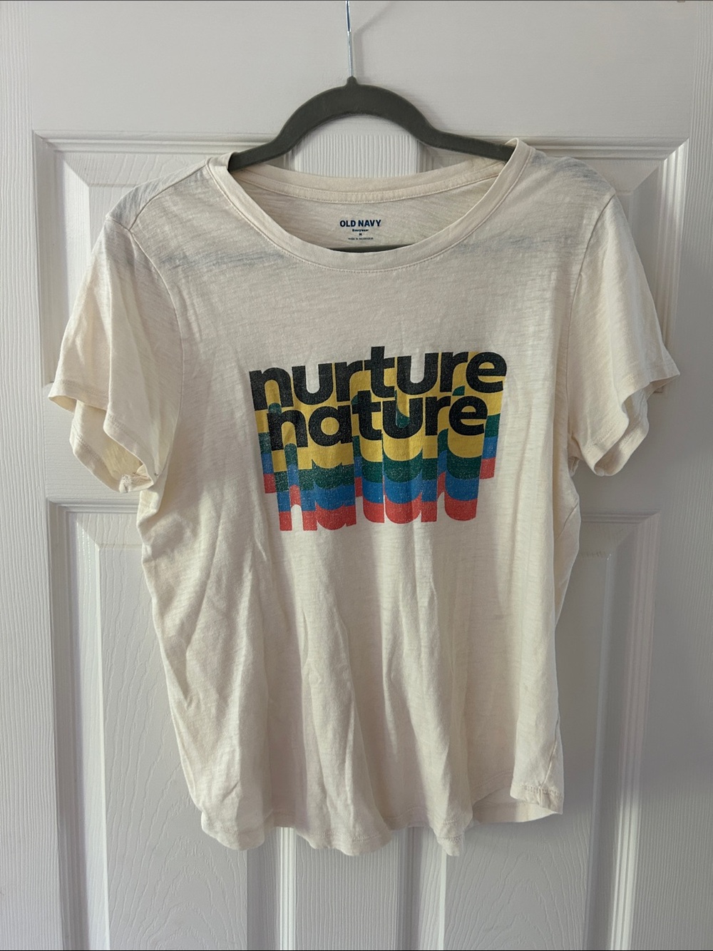 Old Navy Cream Graphic Tee with Black, Yellow, Green, Blue, and Red Print